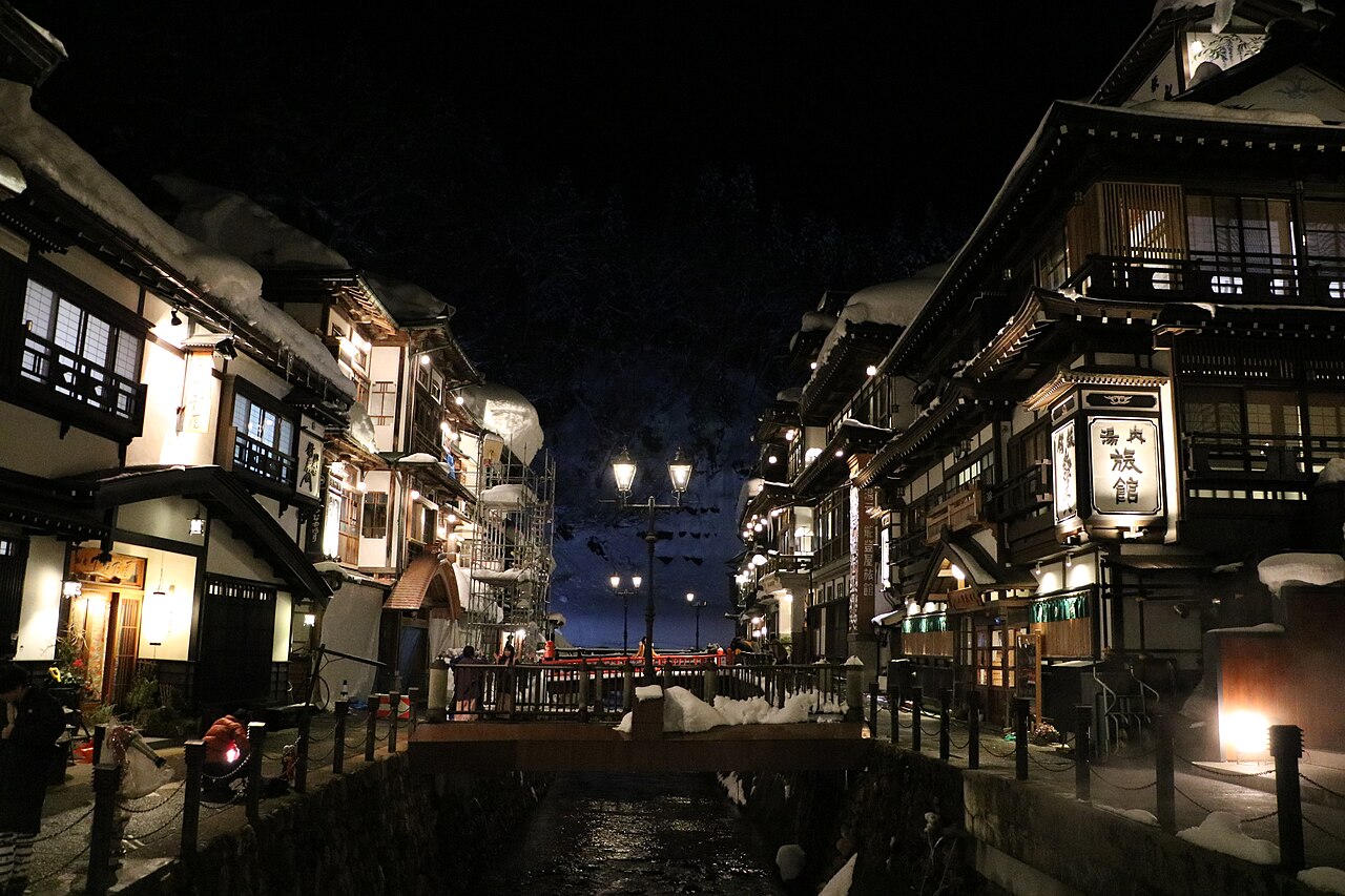 Night in Ginzan Onsen town January 2022 A