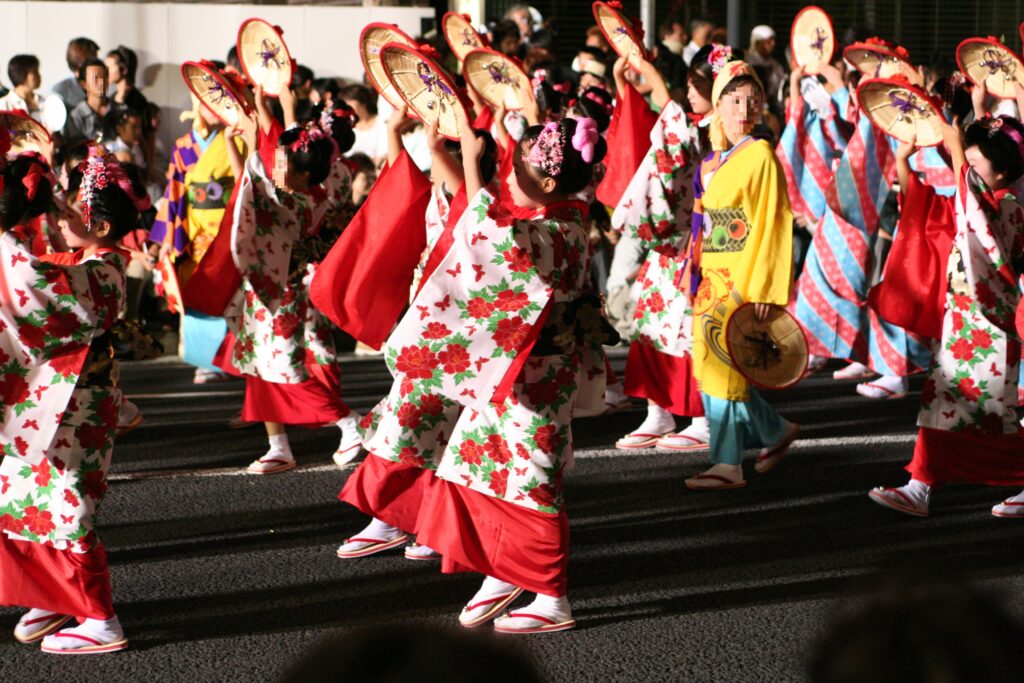 Yamagata Hanagasa Matsuri dancers with colorful flower straw hats