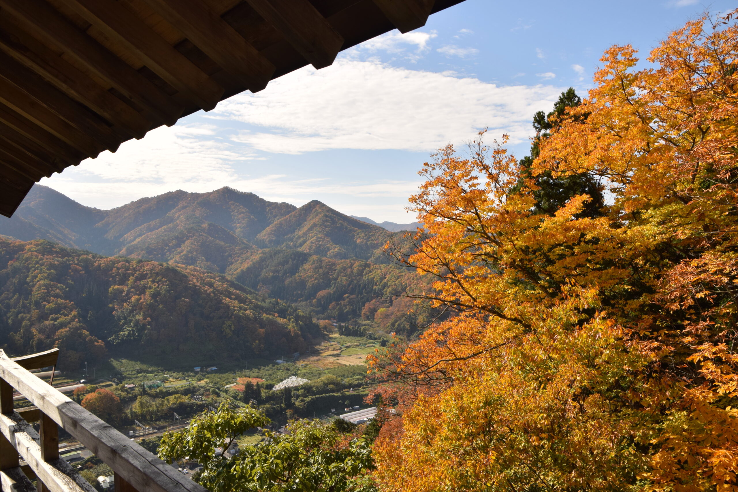Autumn landscapes around Yamadera temple in Yamagata with golden foliage on mountain slopes