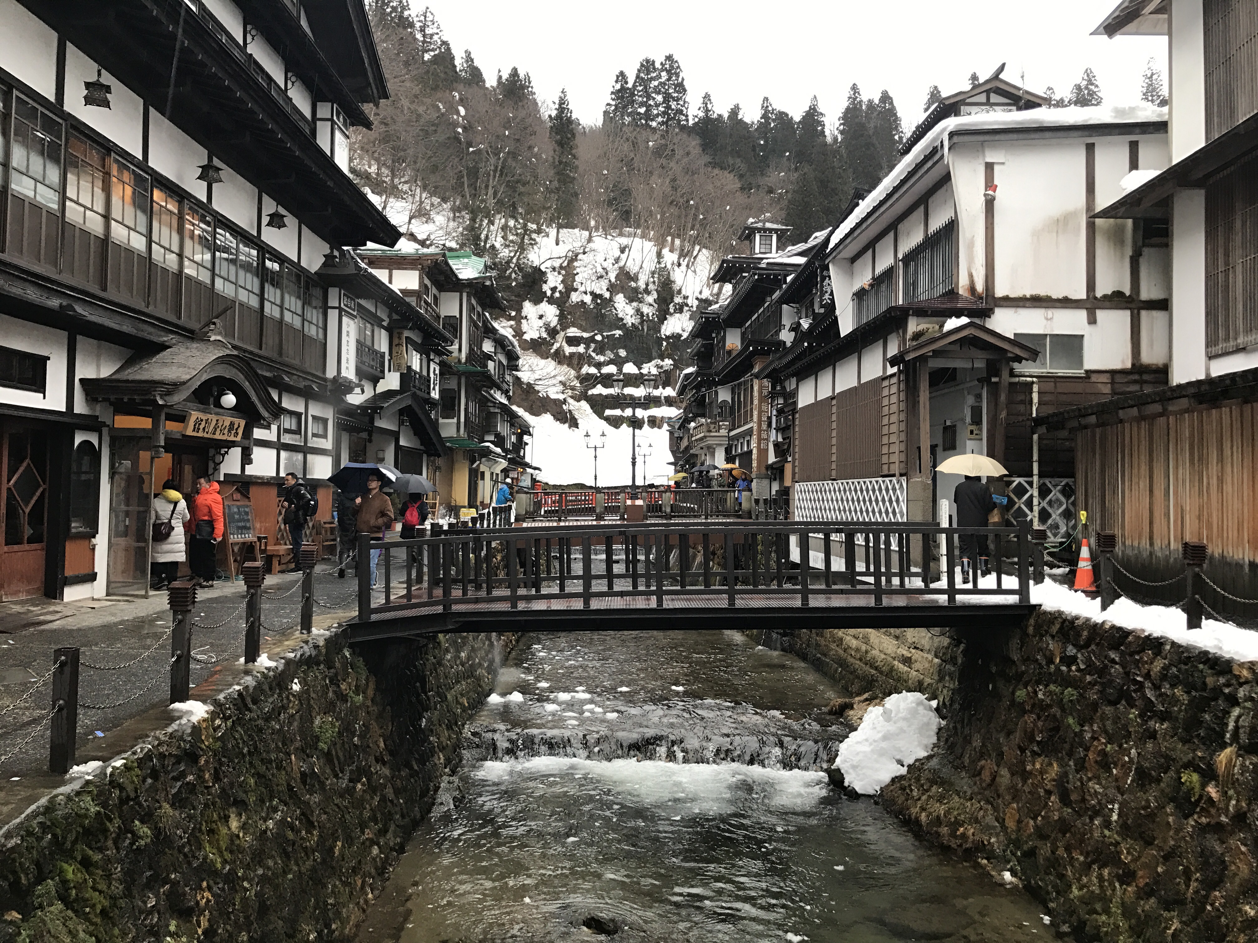Traditional ryokan buildings lining the Ginzan Onsen river street in Yamagata Prefecture