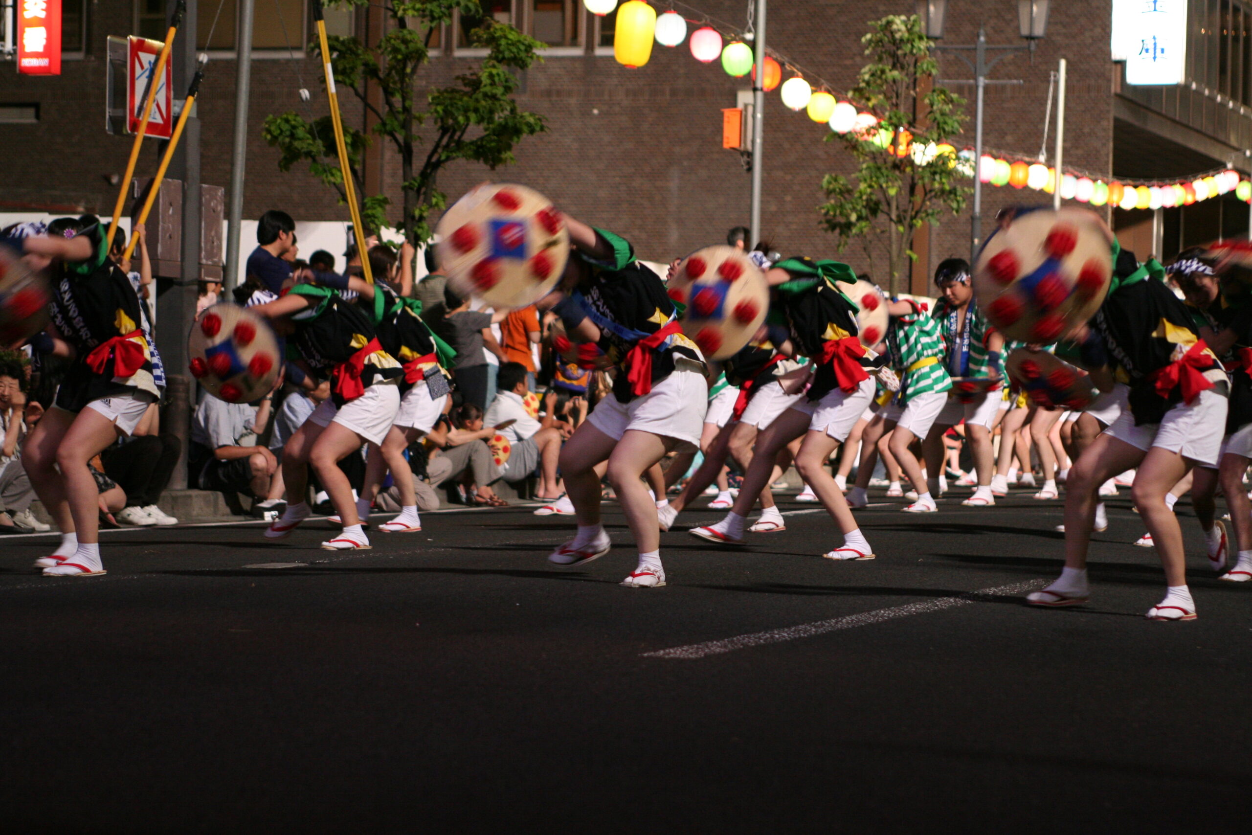 Hanagasa Festival dancers in elaborate traditional costume performing the flower hat dance in Yamagata