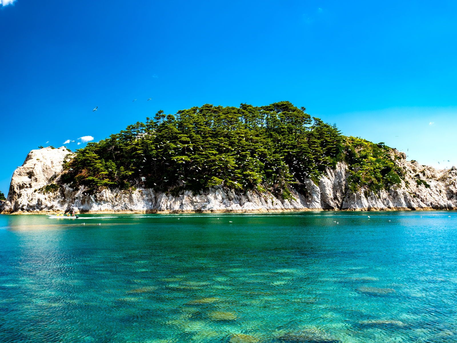 Crystal clear water and white rocks at Jodogahama Beach in summer