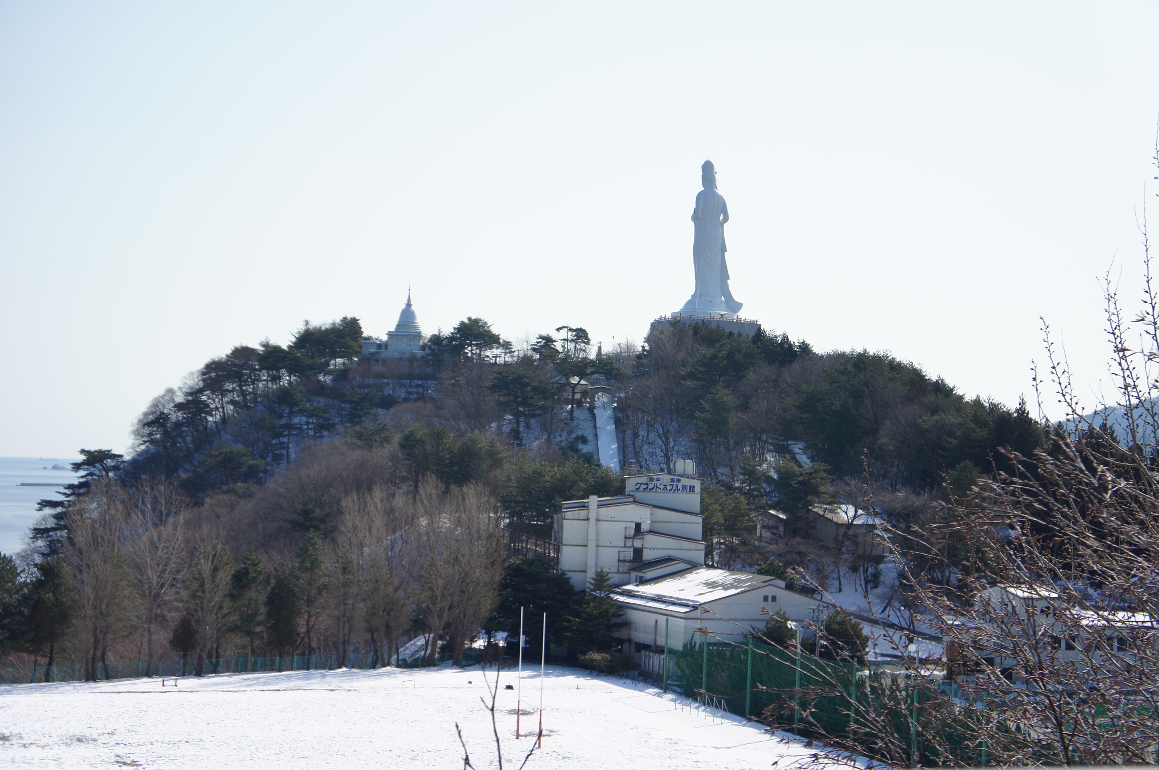 Kamaishi Daikannon statue on the hillside above the city