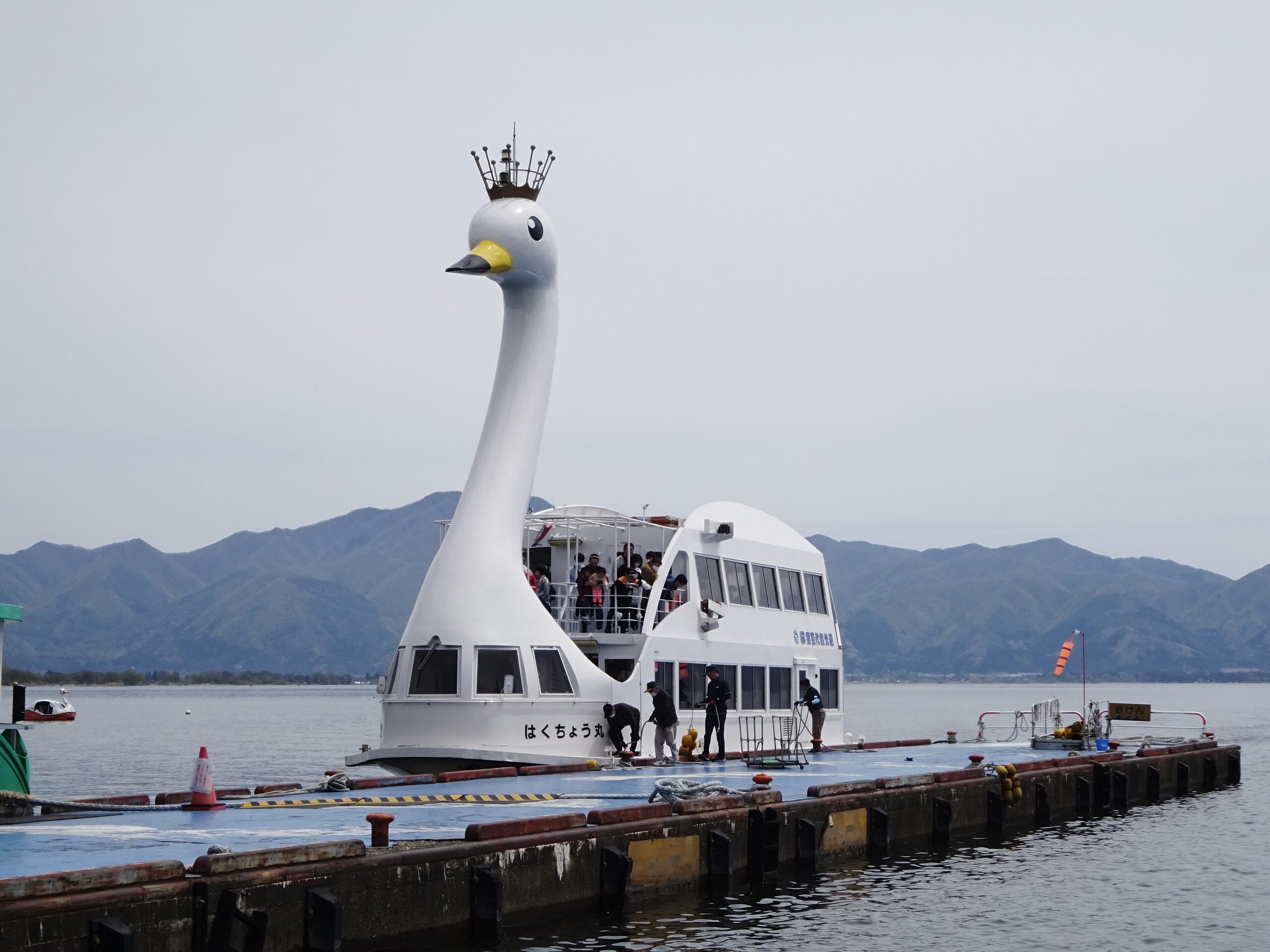 Pleasure boat shaped like a swan on Lake Inawashiro