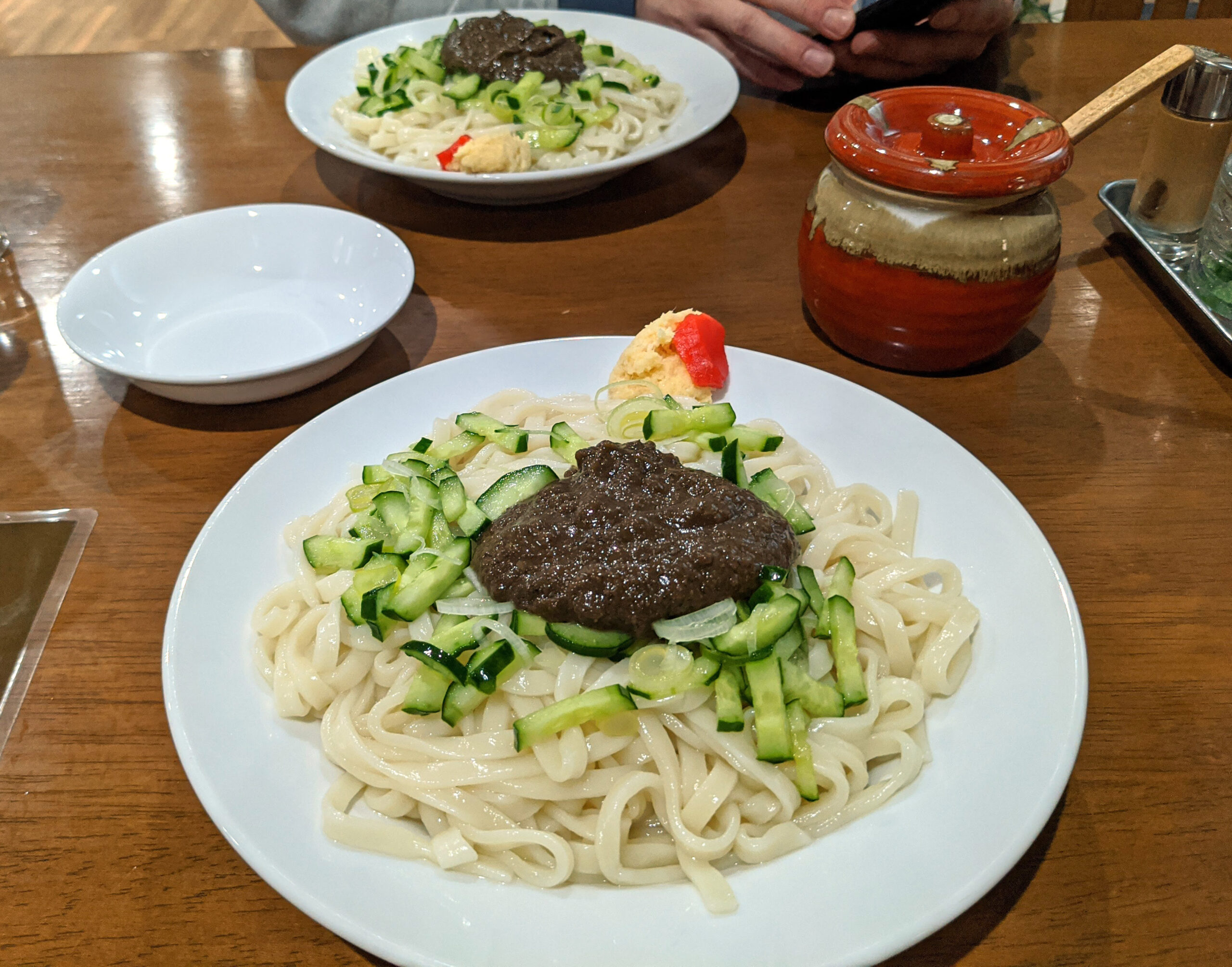 Bowl of Morioka jajamen noodles with miso meat sauce