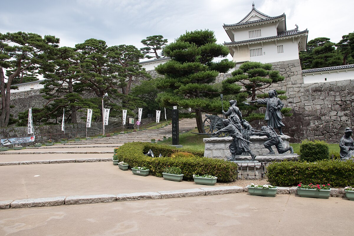 The stone walls and trees of Nihonmatsu Castle ruins in Fukushima prefecture, Japan