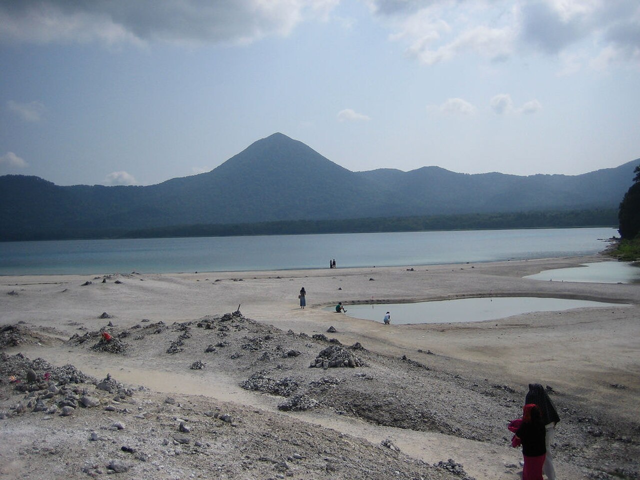 The sulfurous volcanic landscape and lake at Osorezan, Mutsu, Aomori