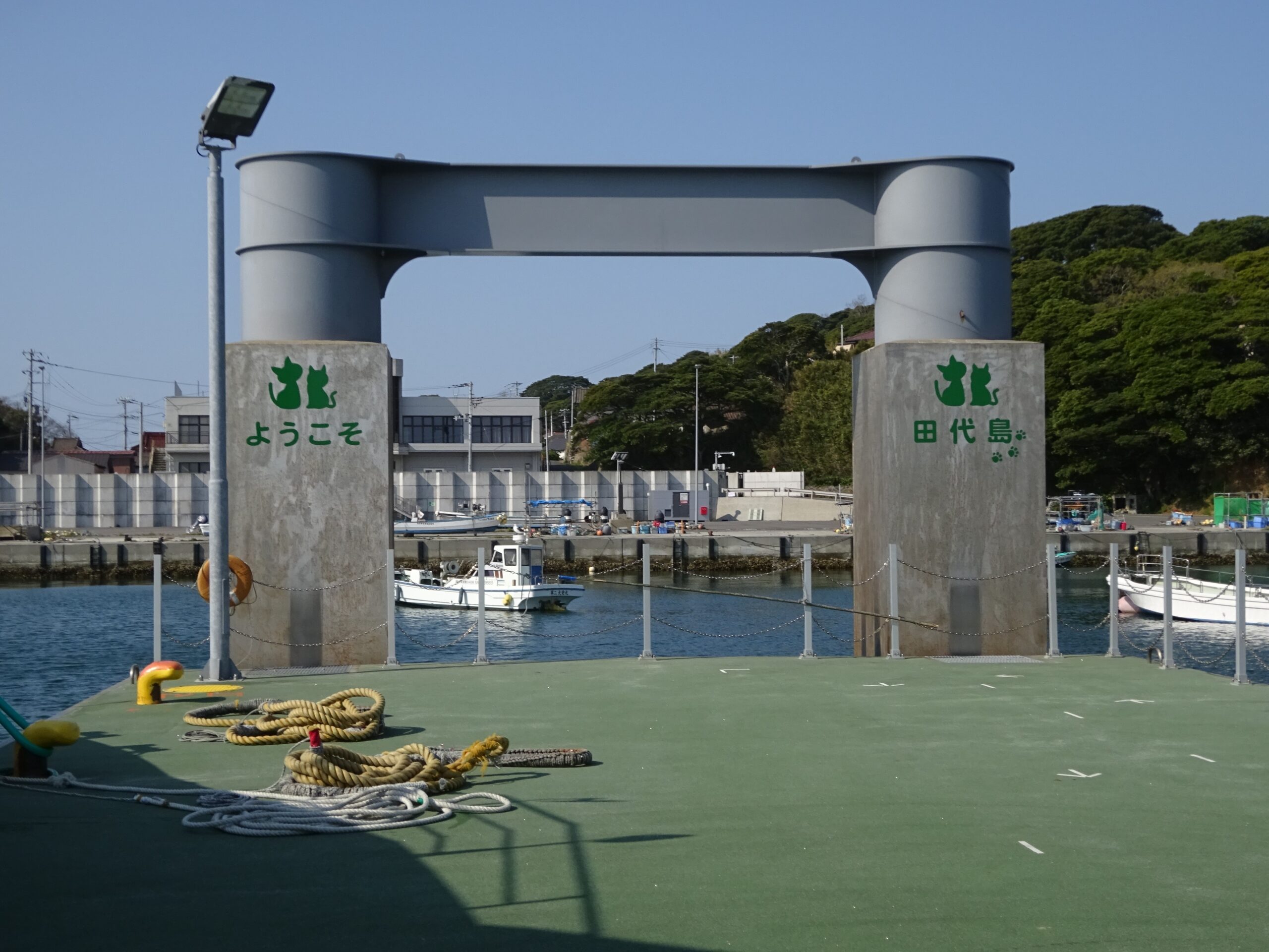 Tashirojima island port in Miyagi Prefecture, showing the fishing harbor and ferry dock