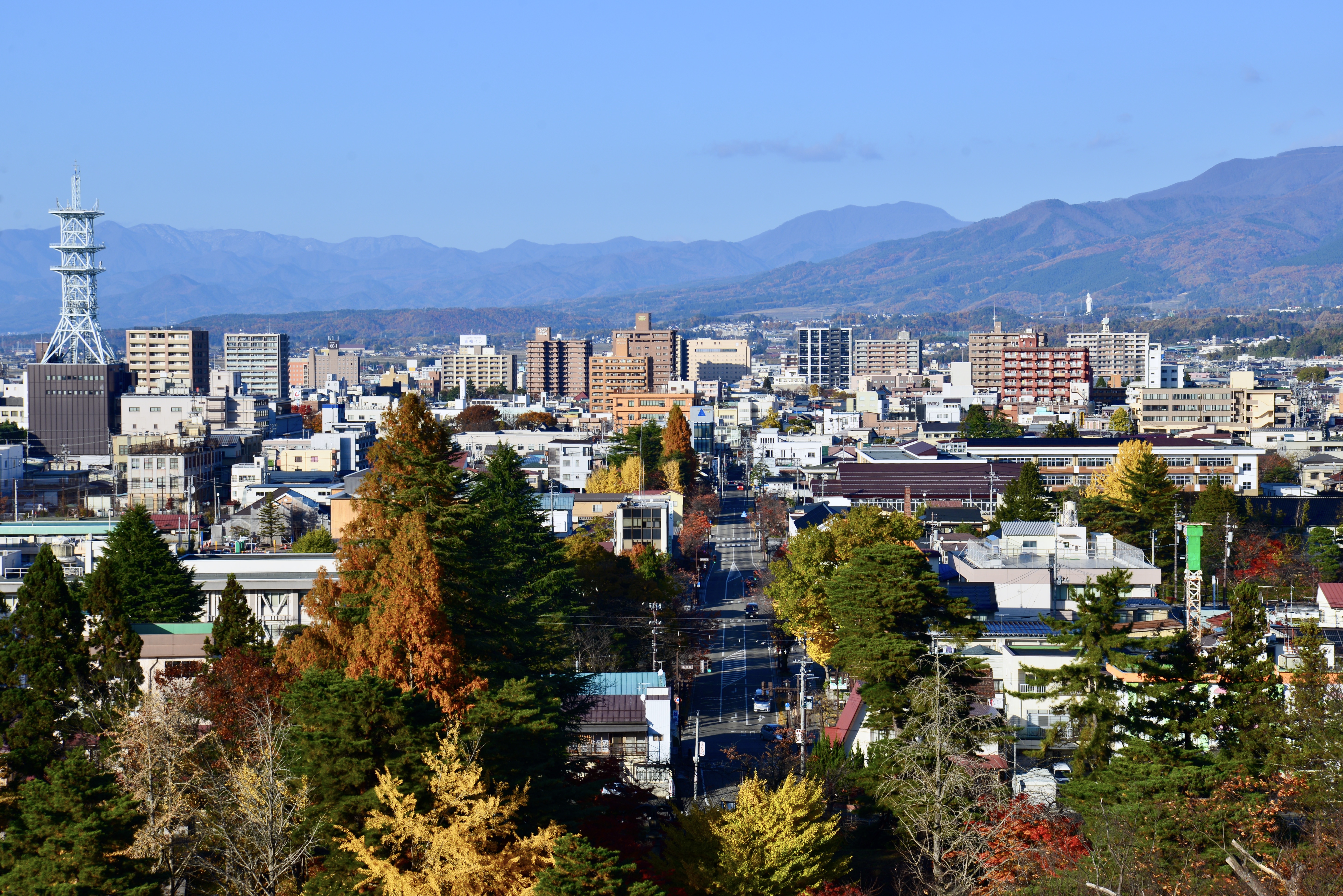 Tsurugajo Castle in autumn with colorful foliage surrounding the fortress