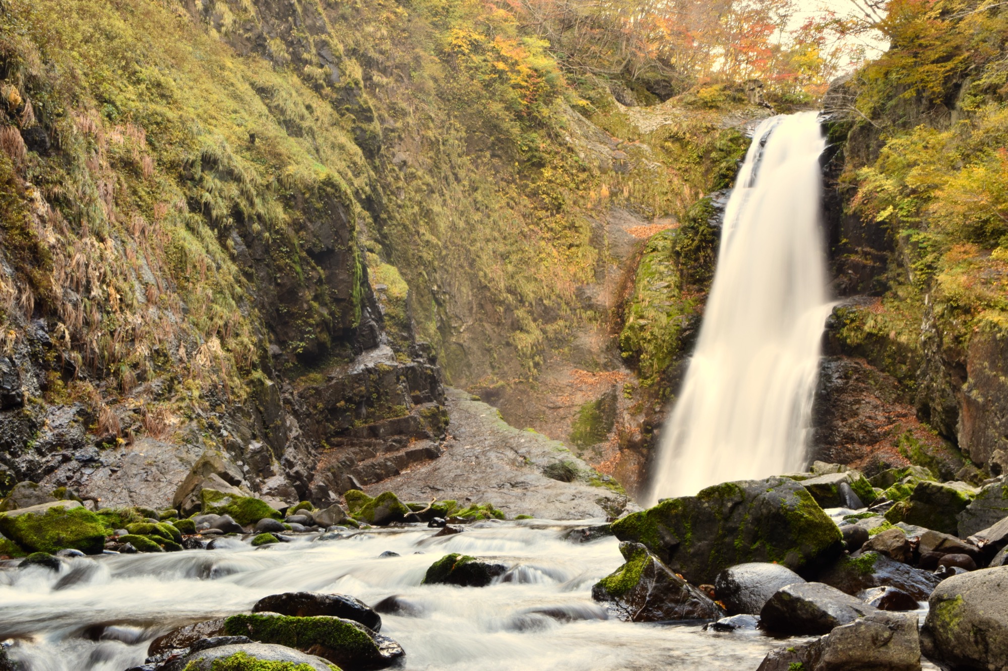 Akiu Otaki waterfall cascading over basalt cliffs near Sendai Miyagi