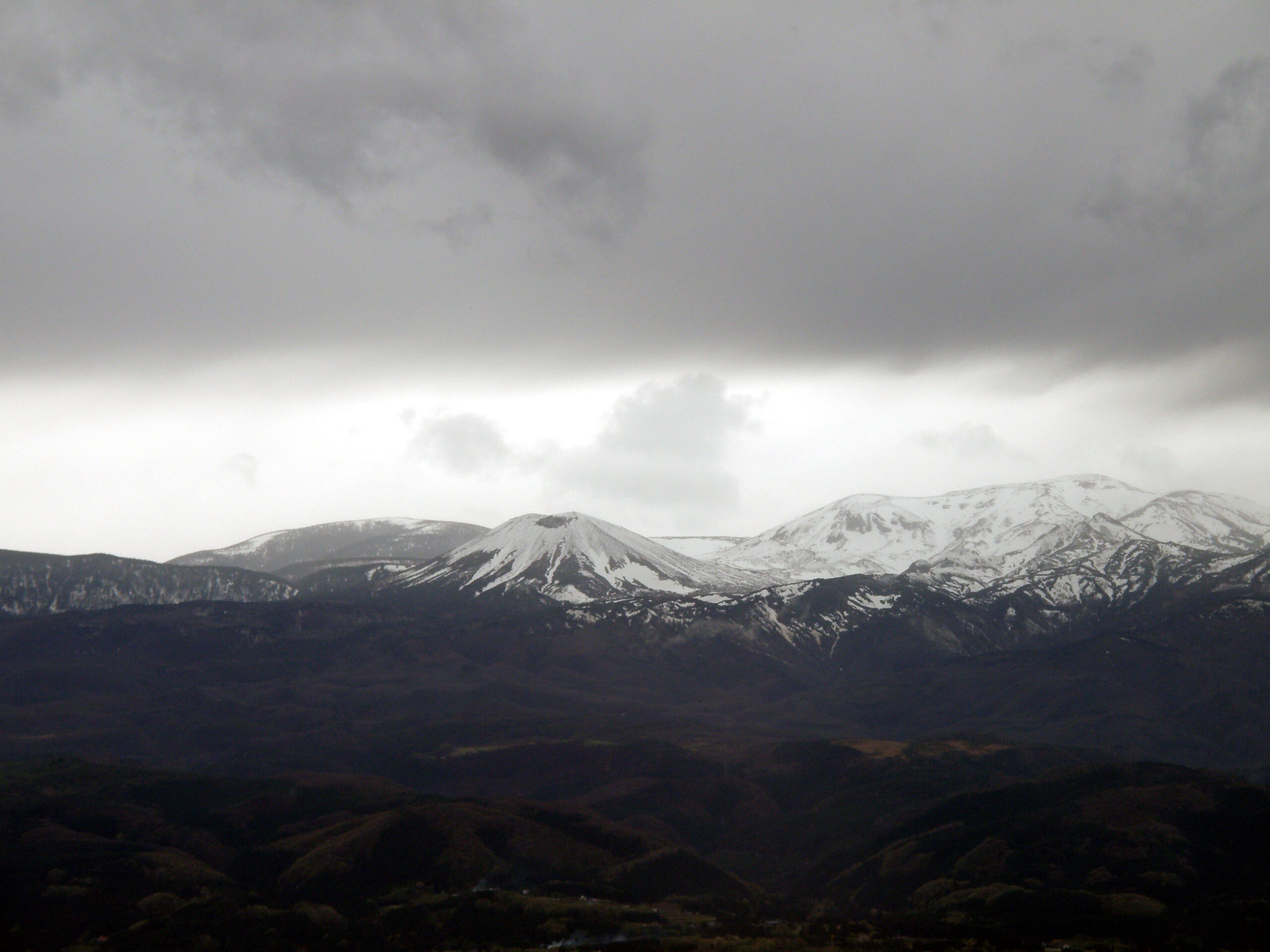 Azuma-Kofuji volcano in winter with snow on the slopes showing the famous snow rabbit pattern
