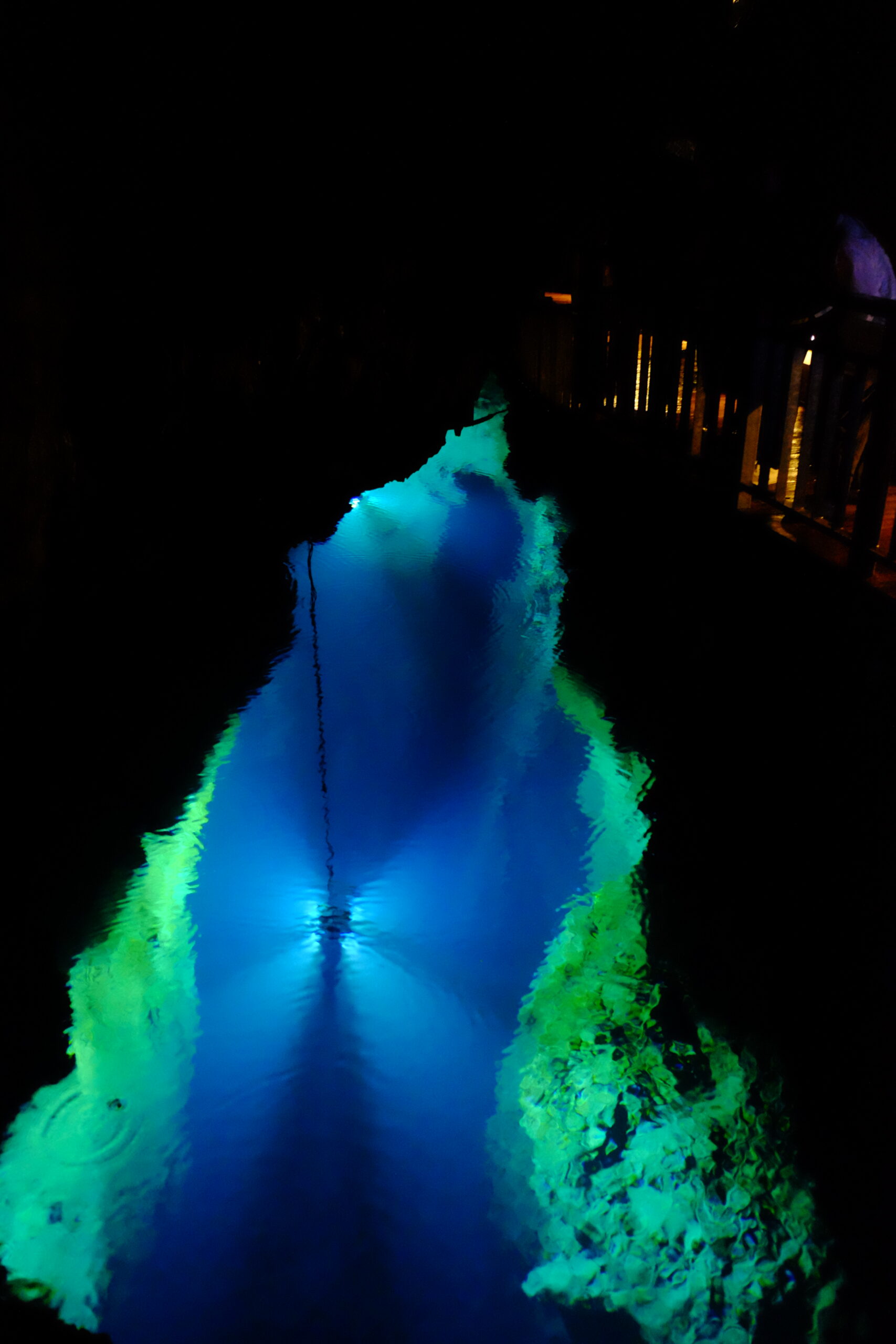 Ryusendo Cave underground lake, Iwate - brilliant blue illuminated underground lake