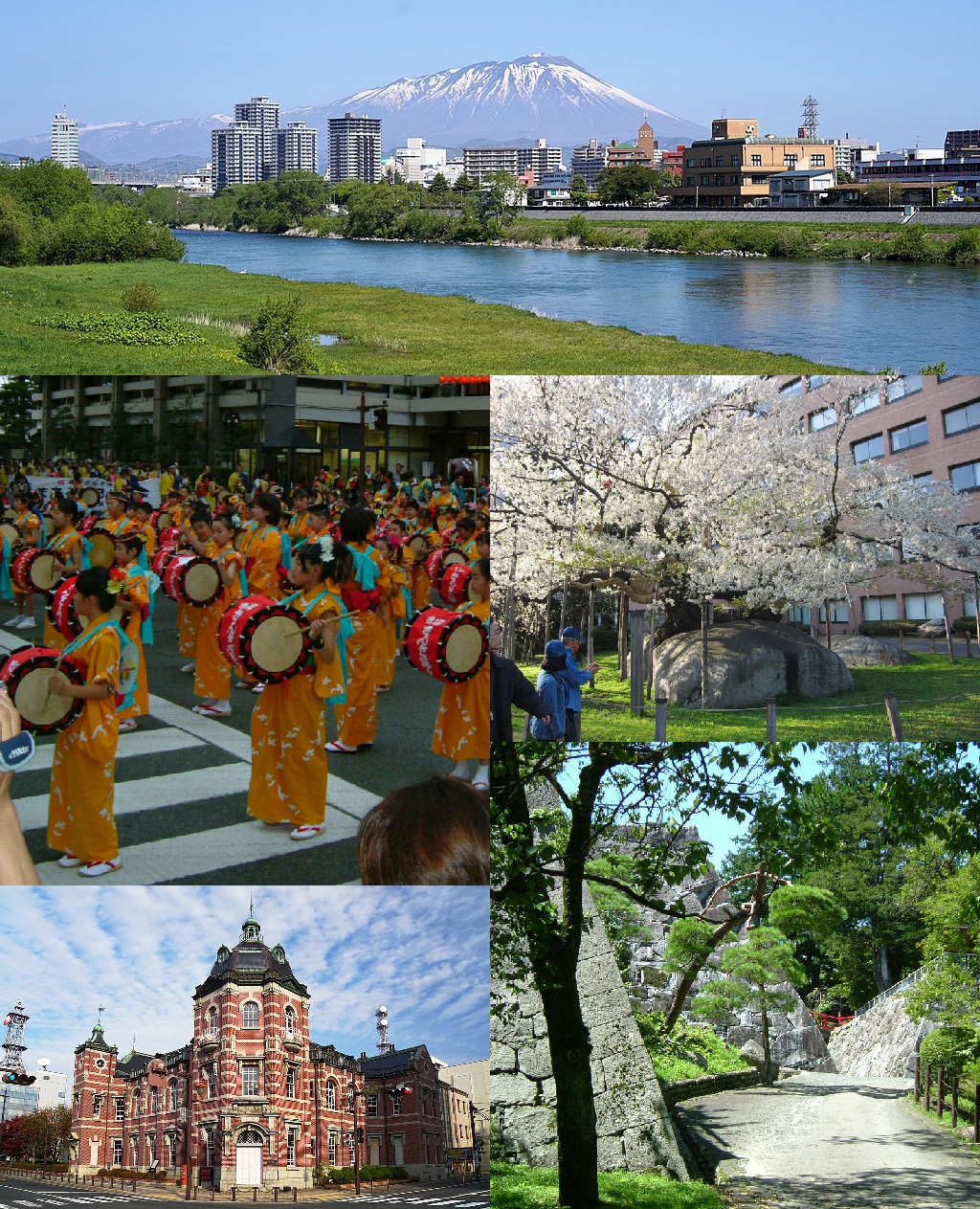 Montage of Morioka city highlights including Morioka Castle ruins, Nakatsu River, and traditional streetscapes in Iwate Prefecture