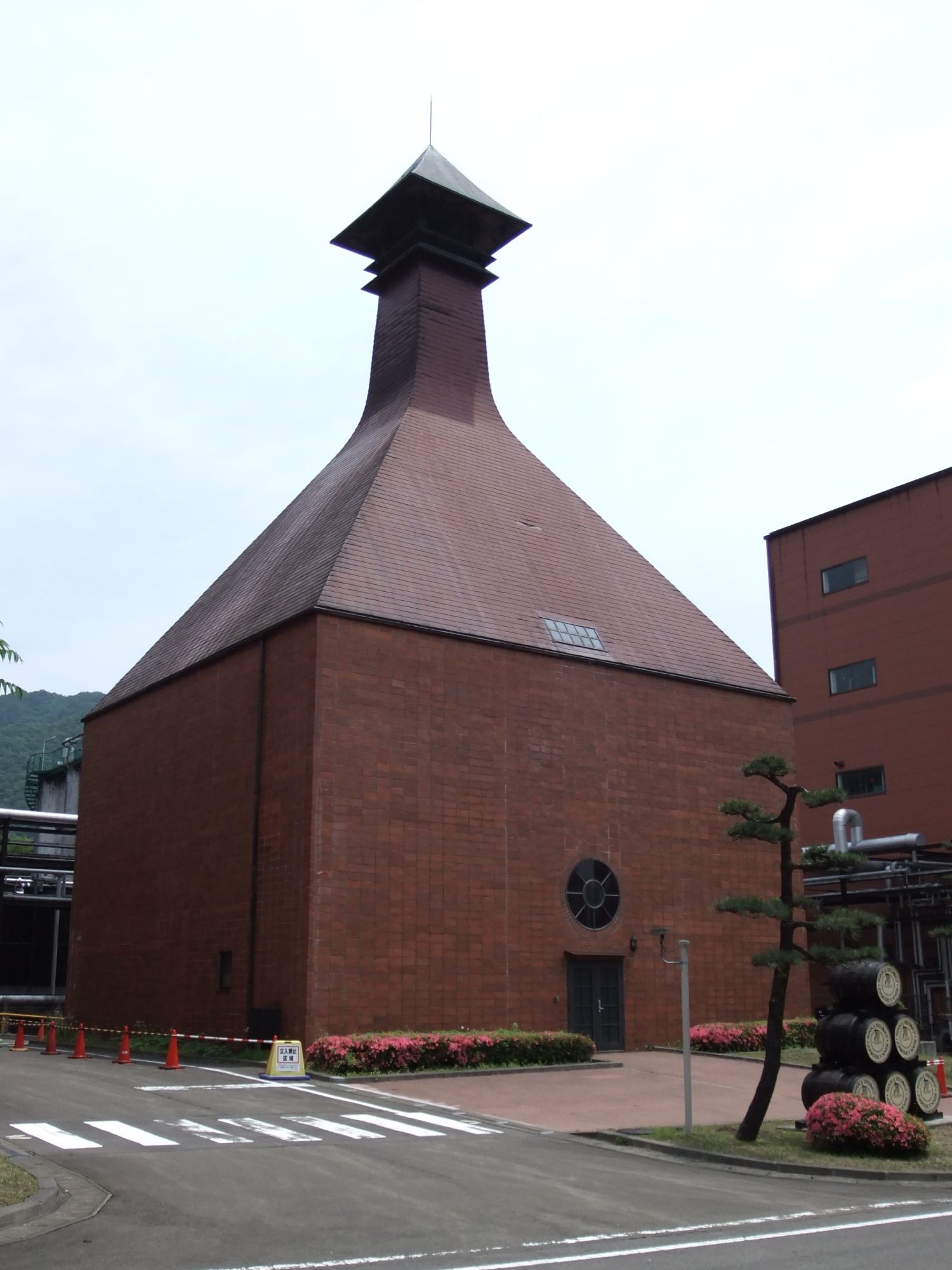 Copper pot stills inside the Miyagikyo Distillery production building