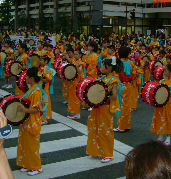 Sansa Odori parade dancers and drummers moving through Morioka streets