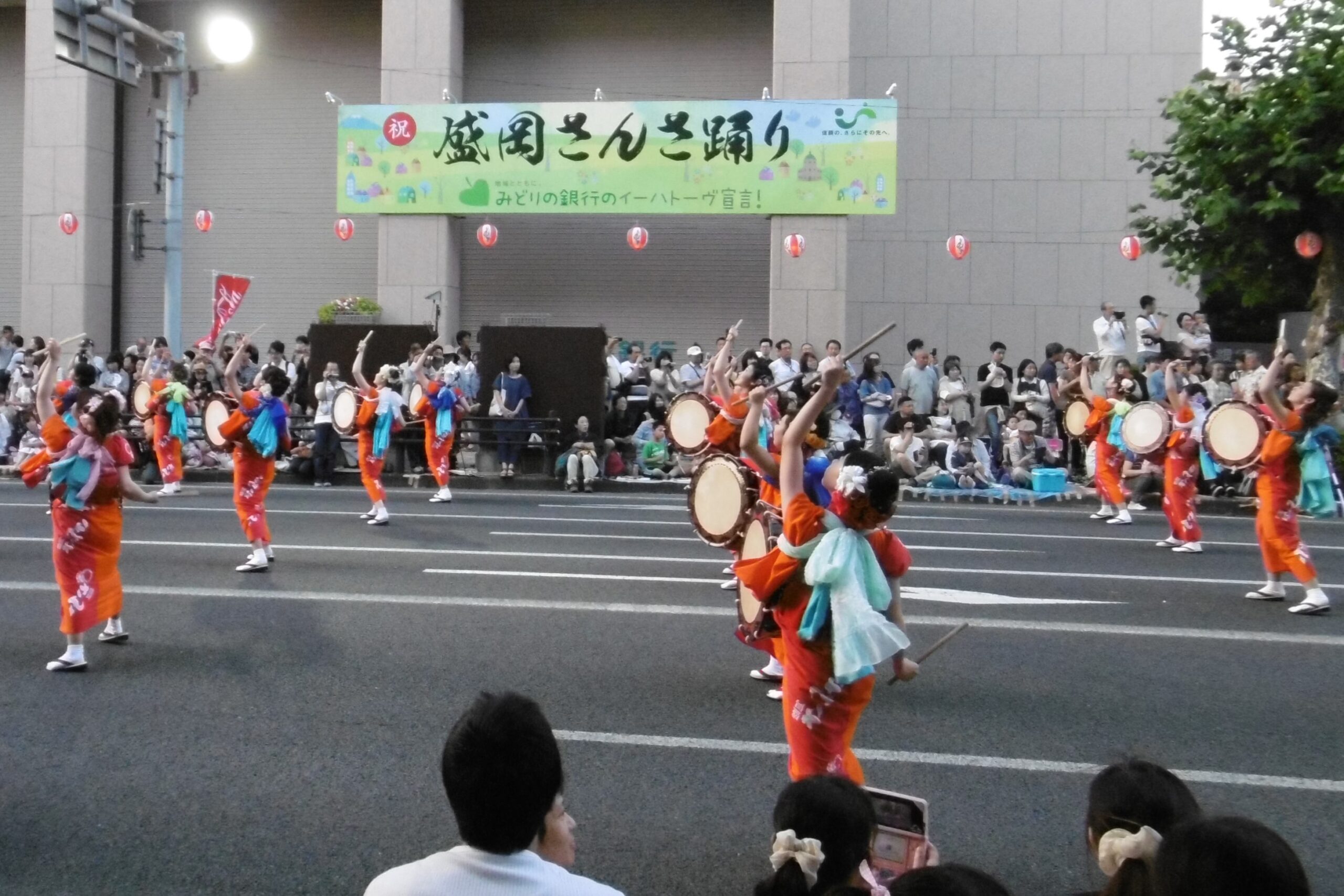Rows of taiko drummers performing at Sansa Odori festival in Morioka